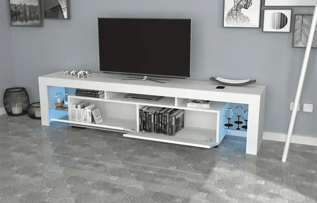 Meuble TV 200cm avec éclairage LED OTIS - Blanc - Image 6
